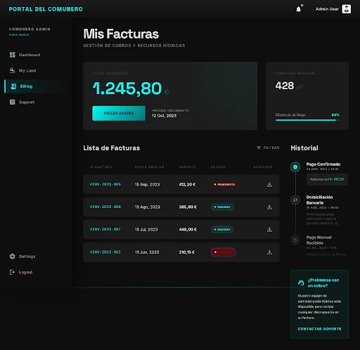 Portal del comunero de AlgarRiego con listado de facturas