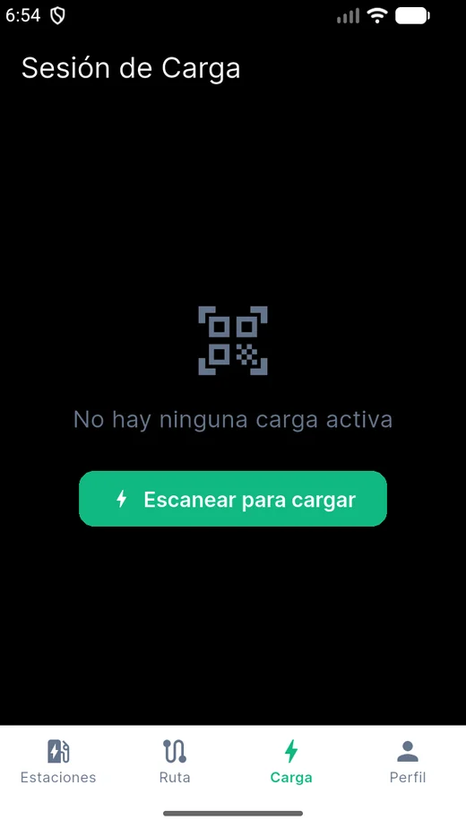 Pantalla de sesión de carga y escaneo de QR en la app de CargaPark