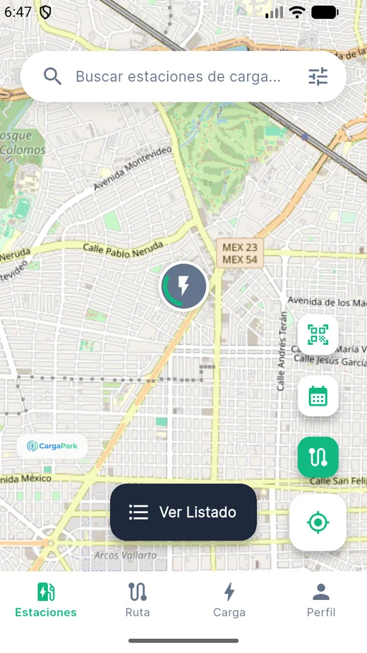 Mapa de estaciones de recarga en la app de CargaPark