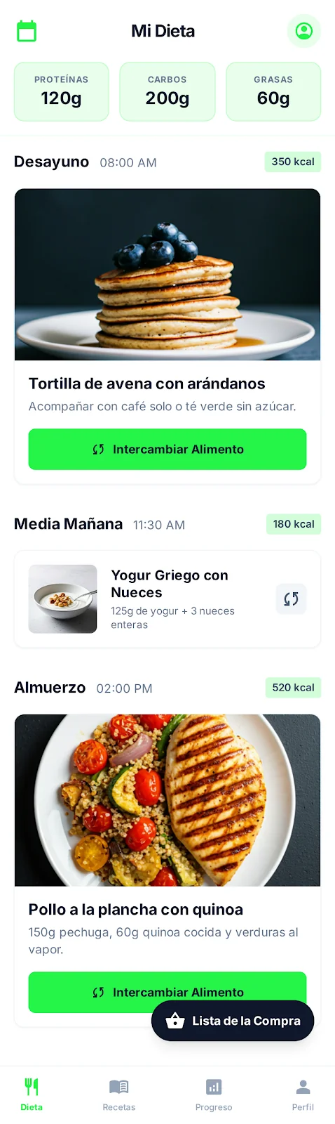 Pantalla de dieta con las comidas del día y opción de intercambiar alimento