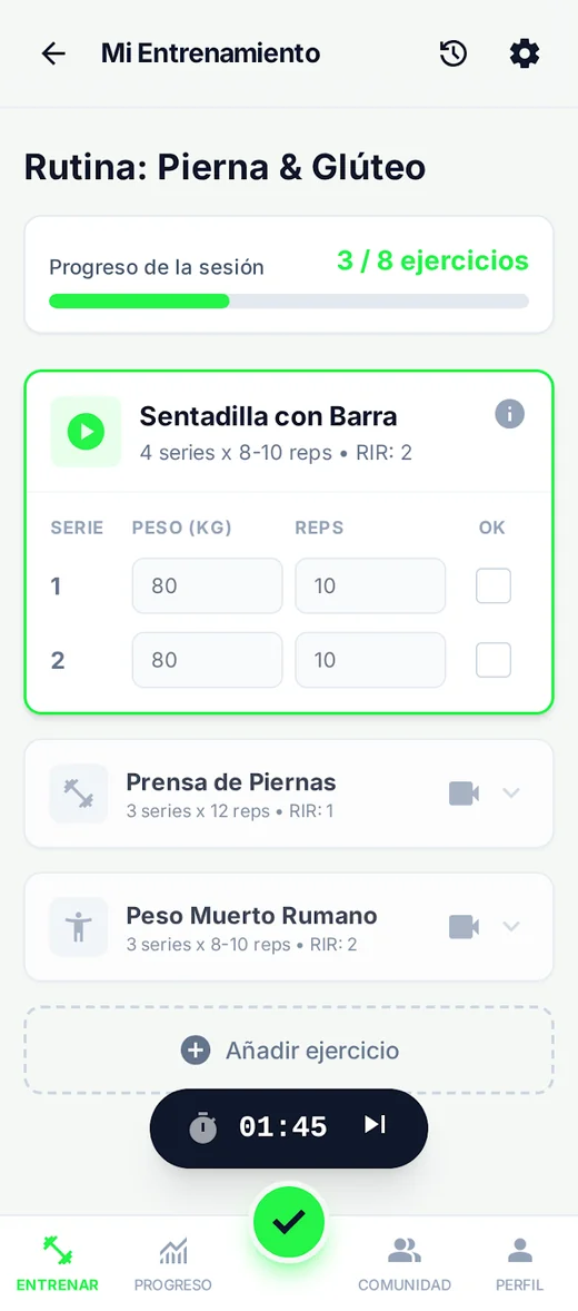 Pantalla de entrenamiento con series, repeticiones, RIR y cronómetro de descanso
