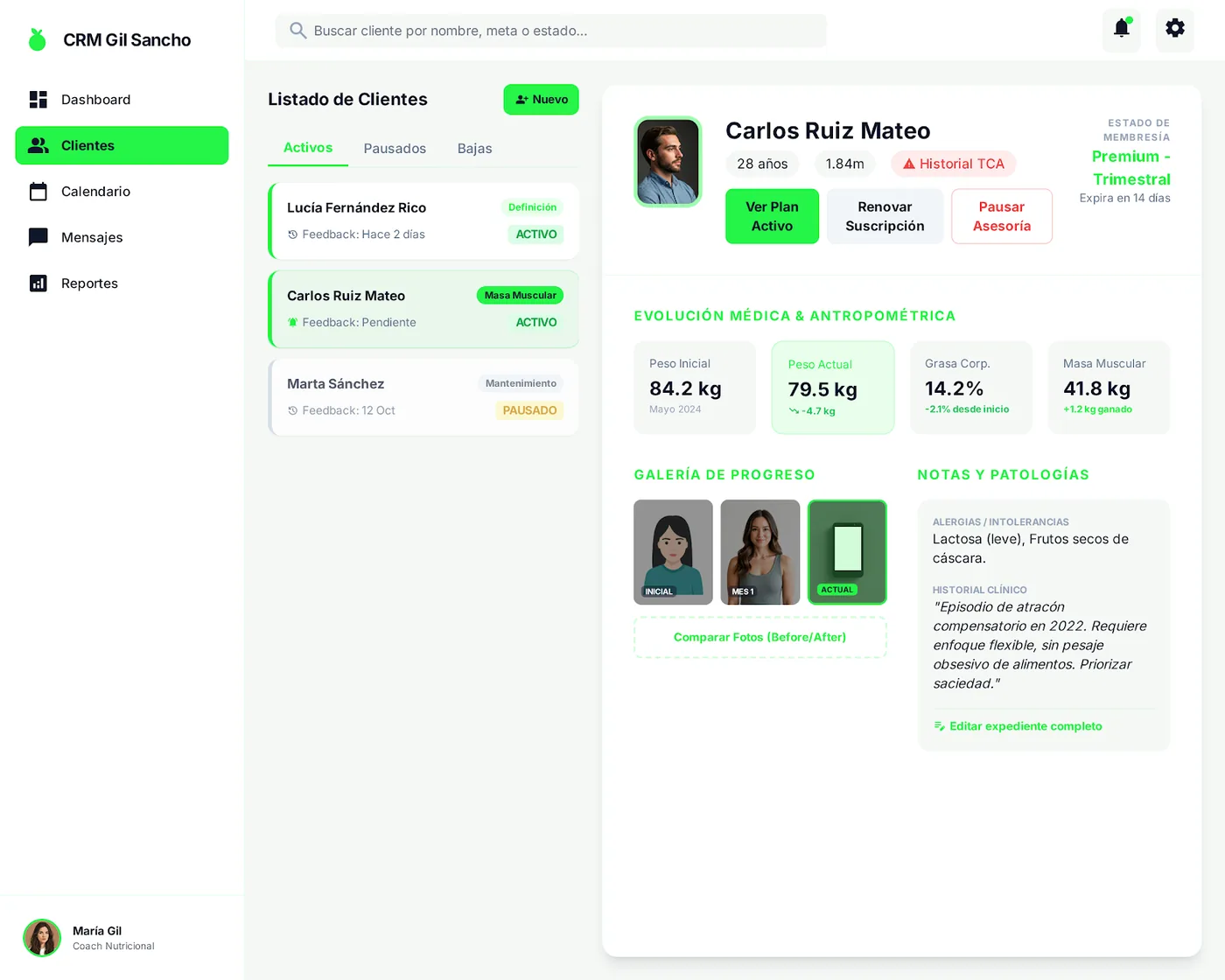 CRM de clientes con ficha clínica y galería de progreso